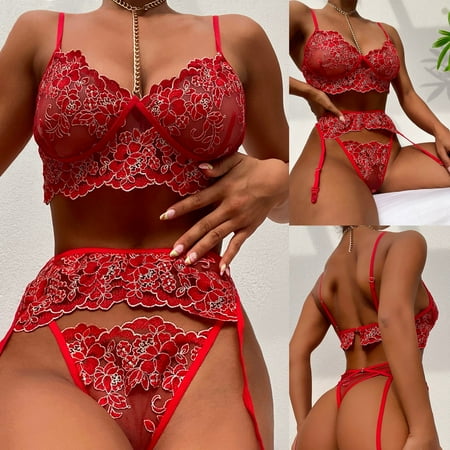 

Vedolay Lingerie For Women Kinky Women s Embroidered Mesh Underwired Push Up Bra and Panty Lingerie Set Blue M