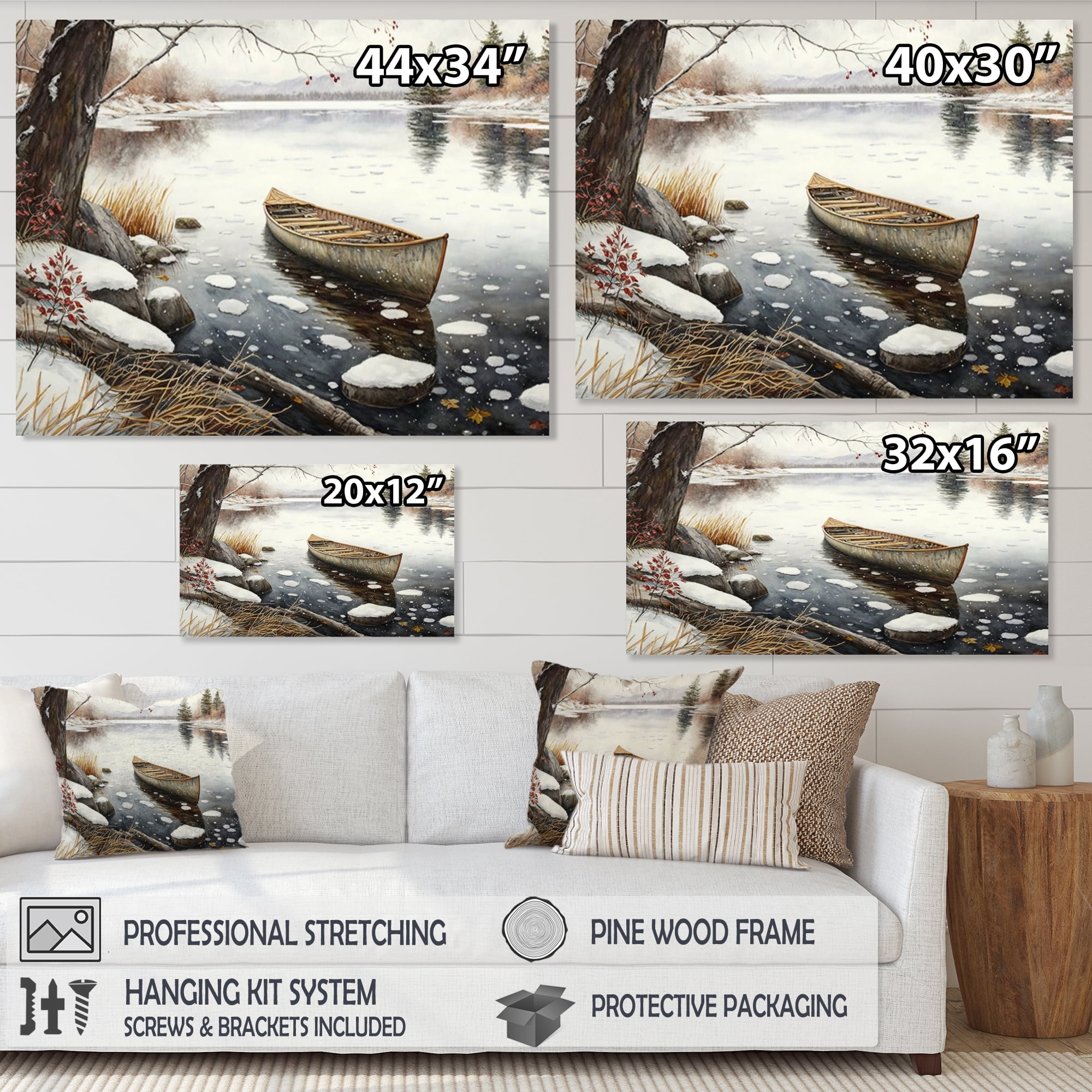 Designart Winter Scene With Canoe III Canvas Wall Art