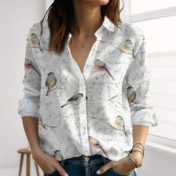 Bird Print Linen-Look Shirt, Botanical Blouse Shirt, Nature Summer Vacation Top, Cottagecore Garden Shirt Women, Vacation Shirt For Her, Button Up Shirt, Blouses Tops Women, Gift for Mother