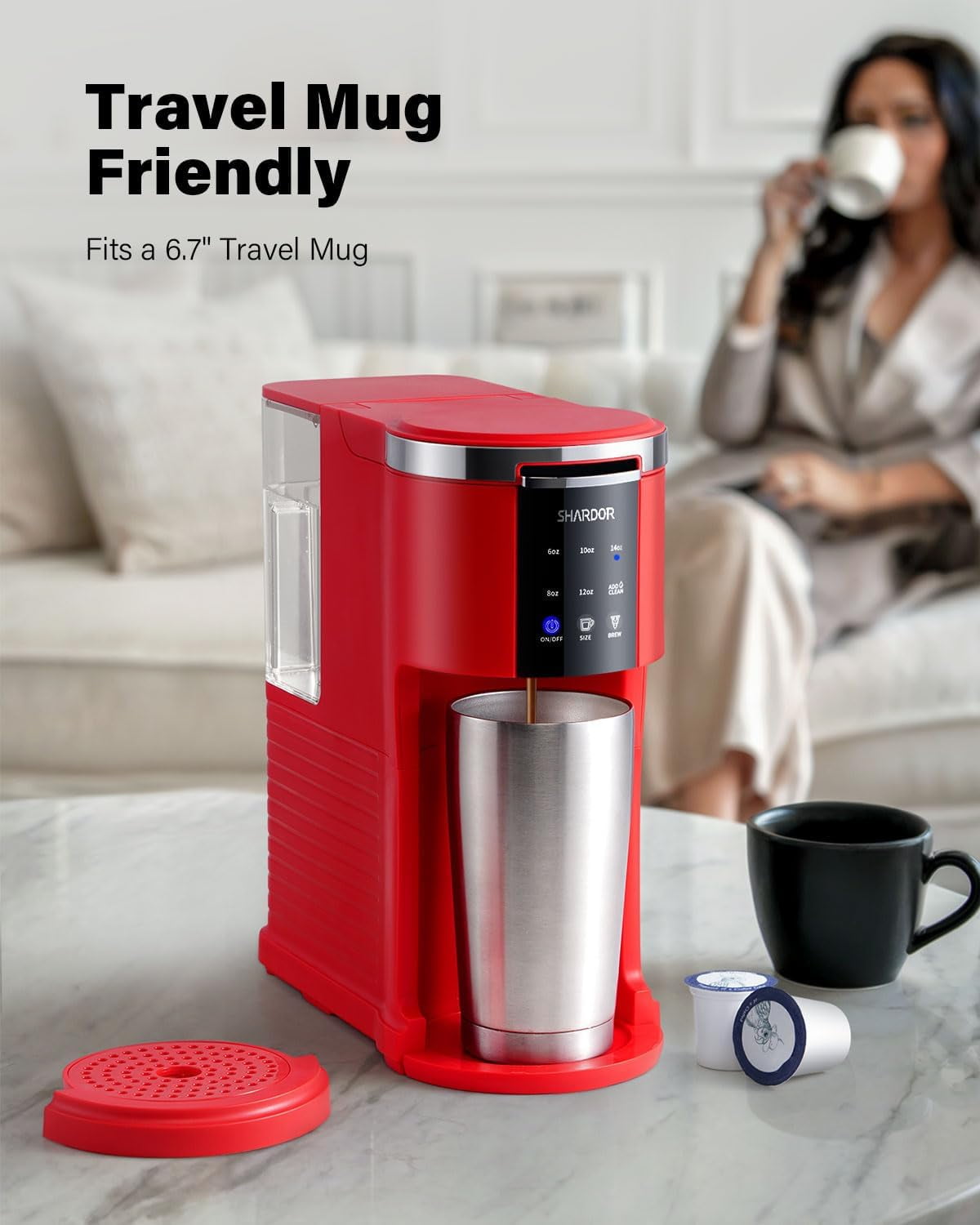 Single Serve Coffee Maker with , Ground Coffee & Tea Compatibility, 6-14oz Adjustable Sizes, 40oz Water Reservoir, Red