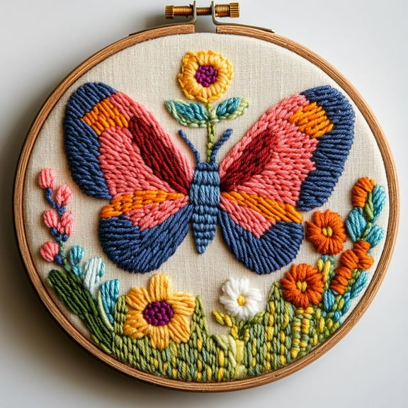 DIY Punch Needle Kits Butterfly and Wild Flowers Easy for Beginners Punch Needle Embroidery Set for Craft lovers with Printed Pattern and Hoop for Home Decor 20x20cm-2