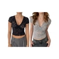 thumbnail image 3 of Michellecmm  Women's Lace Sheer Crop Tops Cap Sleeve Wrap V-Neck T-Shirt, 3 of 9
