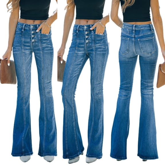 LYMAYTER S-XL Women Flare Jeans Fashion Mid Waisted Jeans Tummy Control Button Fly Denim Pants Trousers
