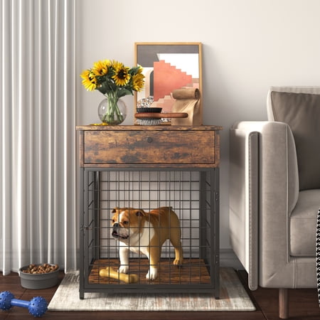 Cosymart Furniture Style Wood Dog Crate End Table with Storage Console(Rustic Brown,19.69''w x 22.83''d x 26.97''h)