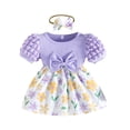 thumbnail image 4 of WhouRiu Baby Girls Summer Dress Puff Short Sleeve Crew Neck Floral Print Ribbed Dresses With Headband Kids Cute Everyday Sundress,18-24 Months, 4 of 9