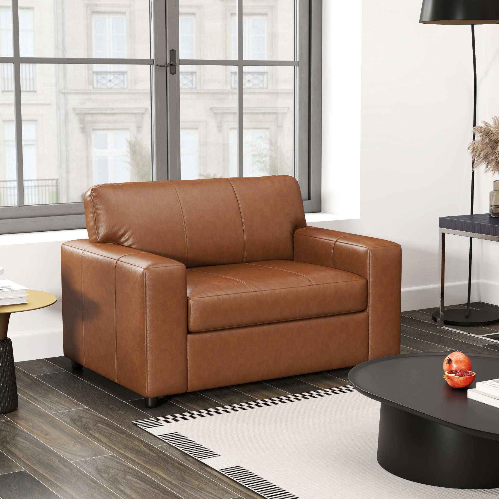 Roundhill Furniture Sakan Leather Upholstered 2-Piece Living Room Set, Cutler Chair and Ottoman