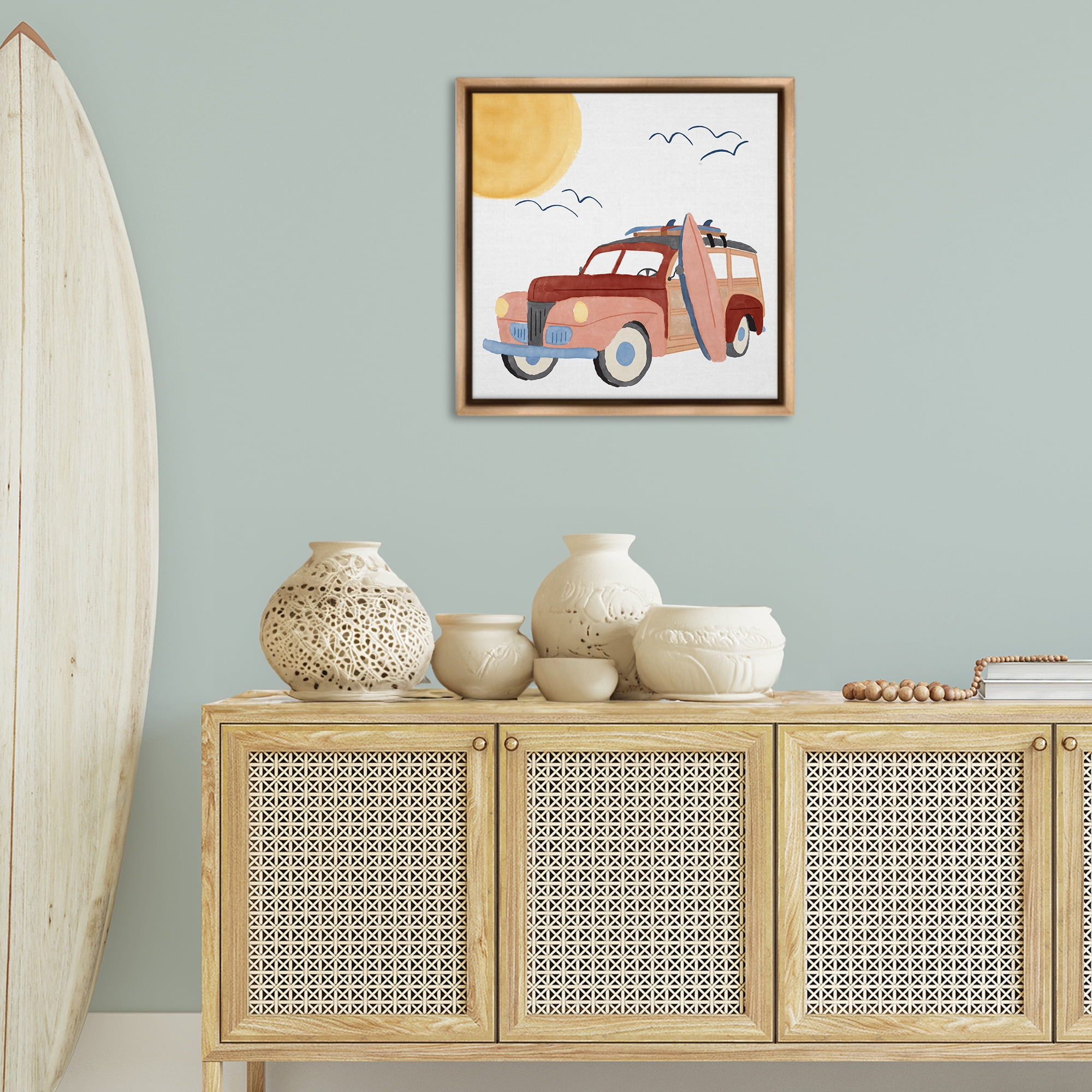 Stupell Industries Summer Surf Wagon Transportation Painting Brown Floater Framed Canvas Art Print Wall Art, 25 x 25