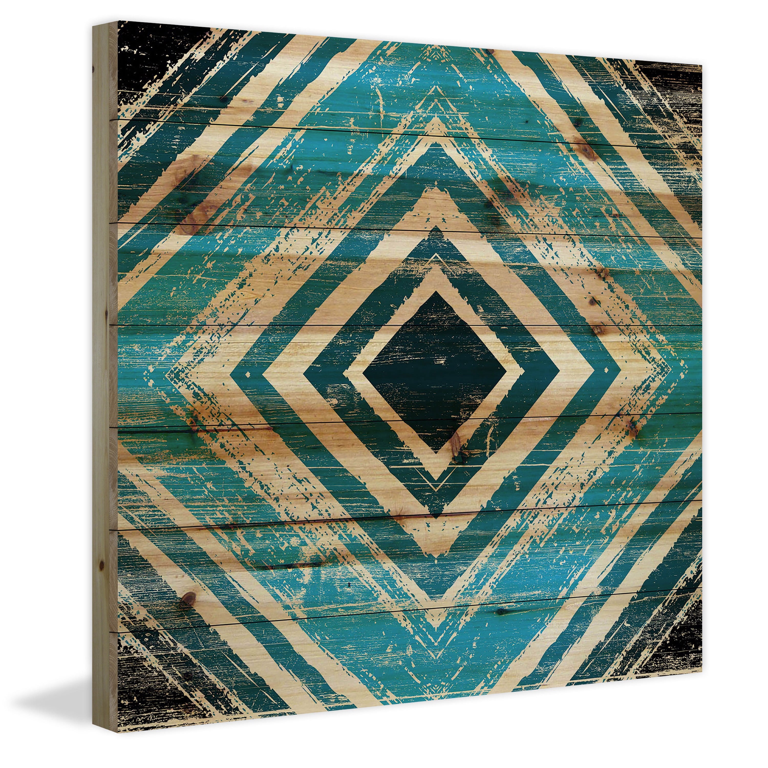 Marmont Hill - "Blue Square Rings" Painting Print on Natural Pine Wood