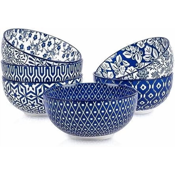 Ceramic Cereal Bowls Set of 6, 24 Oz Deep Soup Bowls for Kitchen, 5.9 Inch Porcelain Dessert Bowls for Salad, Pasta, Oatmeal, Ramen, Microwave Dishwasher Safe, Set of 6, Vintage Blue