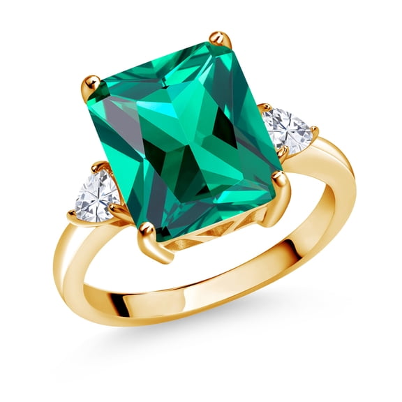 Gem Stone King 18K Yellow Gold Plated Silver 3-Stone Ring Emerald Cut Green Nano Emerald and Moissanite (5.80 Cttw, Size 6)
