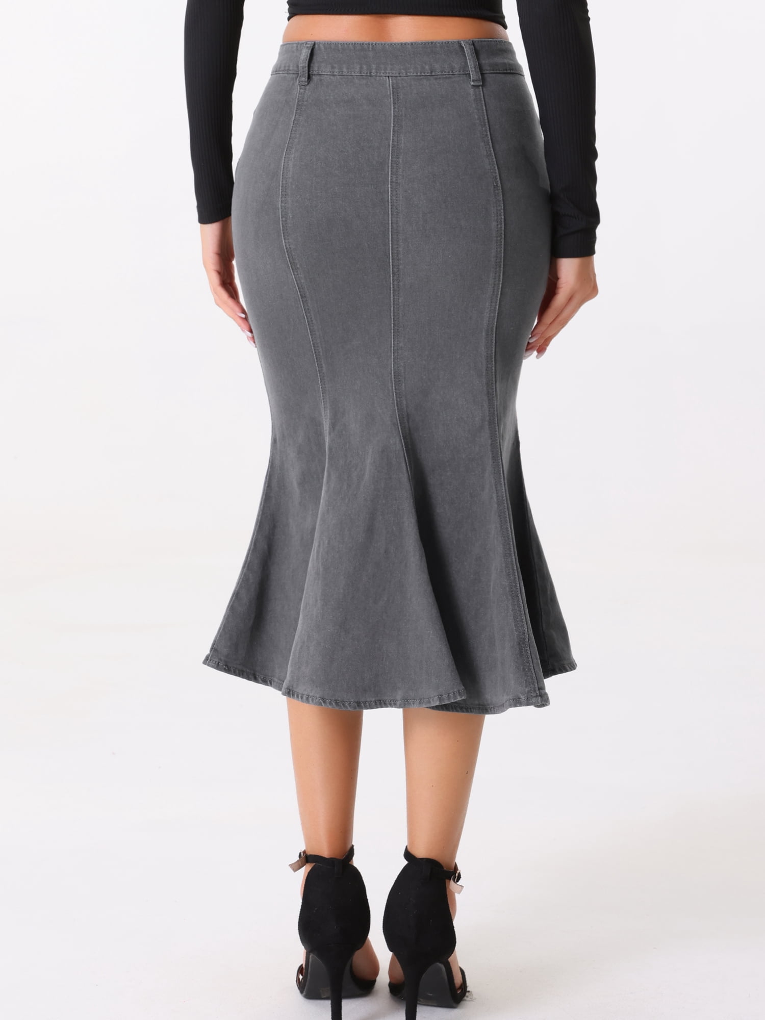 DARING DIVA Women's Soft Elegant Washed Fishtail Casual Midi Denim Skirt XL Grey