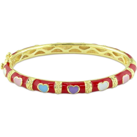 Cutie Pie Heart Multi-Color Enamel Yellow Rhodium-Plated Sterling Silver Baby Bangle, 5.25