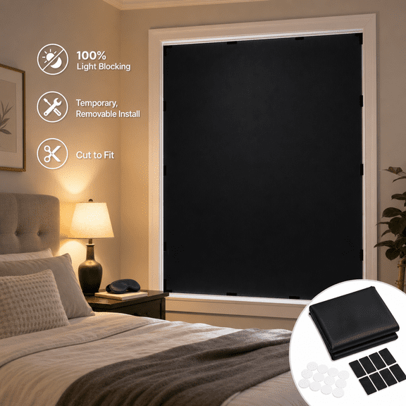 Portable Blackout Curtain 100% Light Blocking Temporary Window Shade with Fasteners 1x1.45m, Black, 1-Set