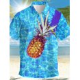 thumbnail image 3 of Camisa de hombre con estampado tropical de piña, camisa hawaiana de verano, informal, para vacaciones, verano, primavera, camisa de manga corta con cuello vuelto, tela elástica, 3 of 5