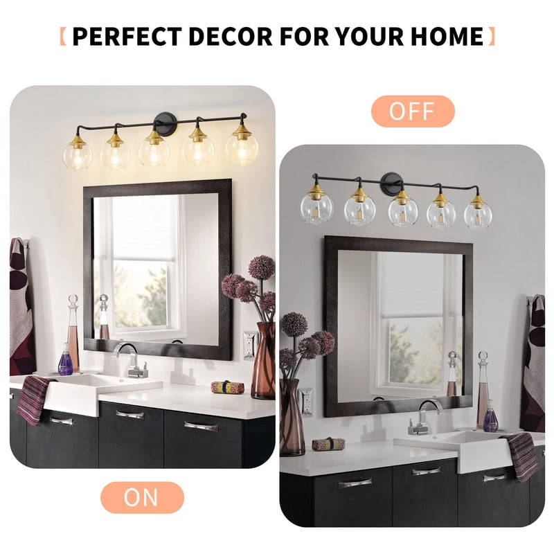 Bathroom Vanity Light with Clear Glass Shade, E26 Base, Bathroom Light Fixtures Over Mirror, Vanity Lights for Bathroom (Exclude E26 Bulb) - Black and Gold, 5-Lights