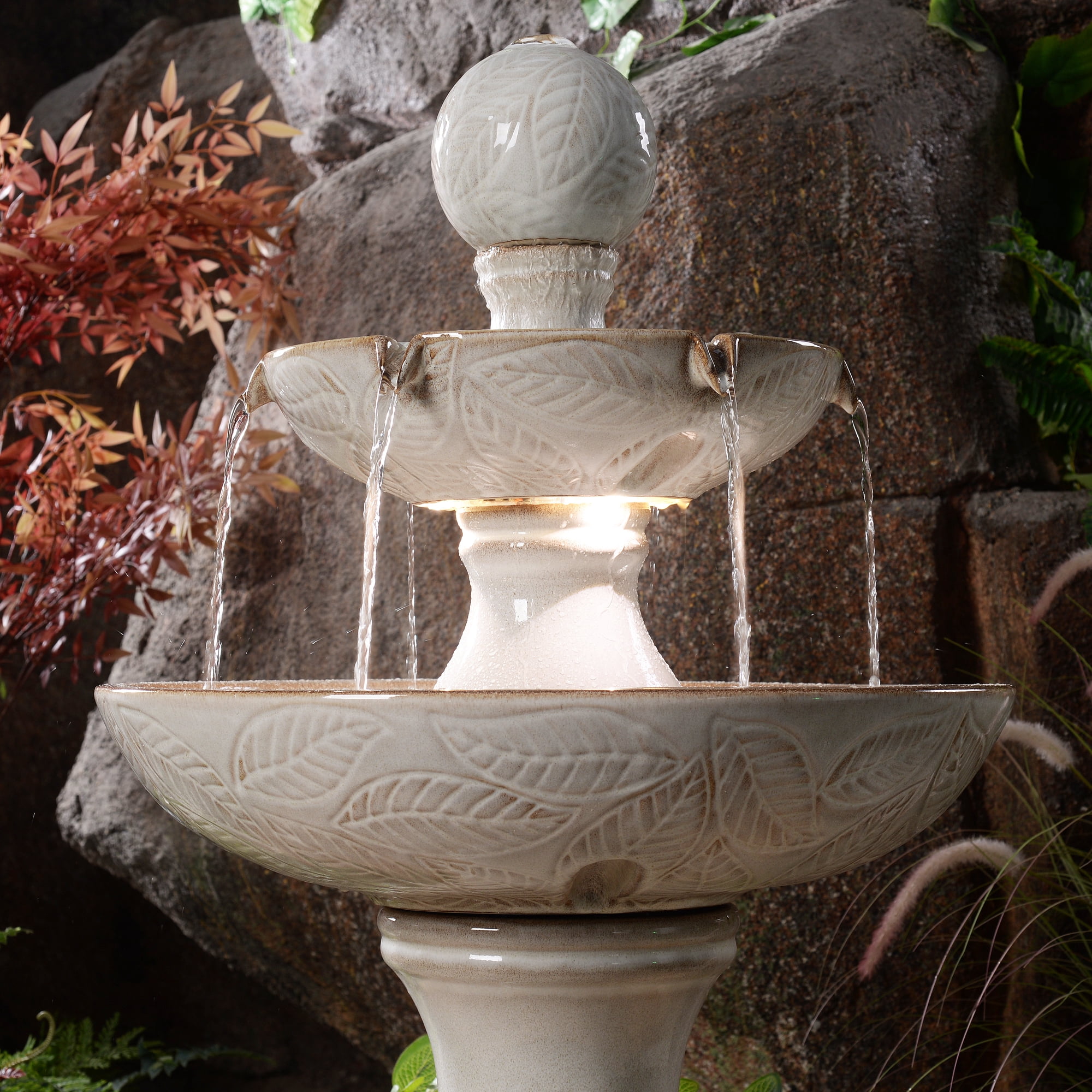 Enchanting Ivory 2 Tier Ceramic Fountain with Lights: Serenity in Every Cascade