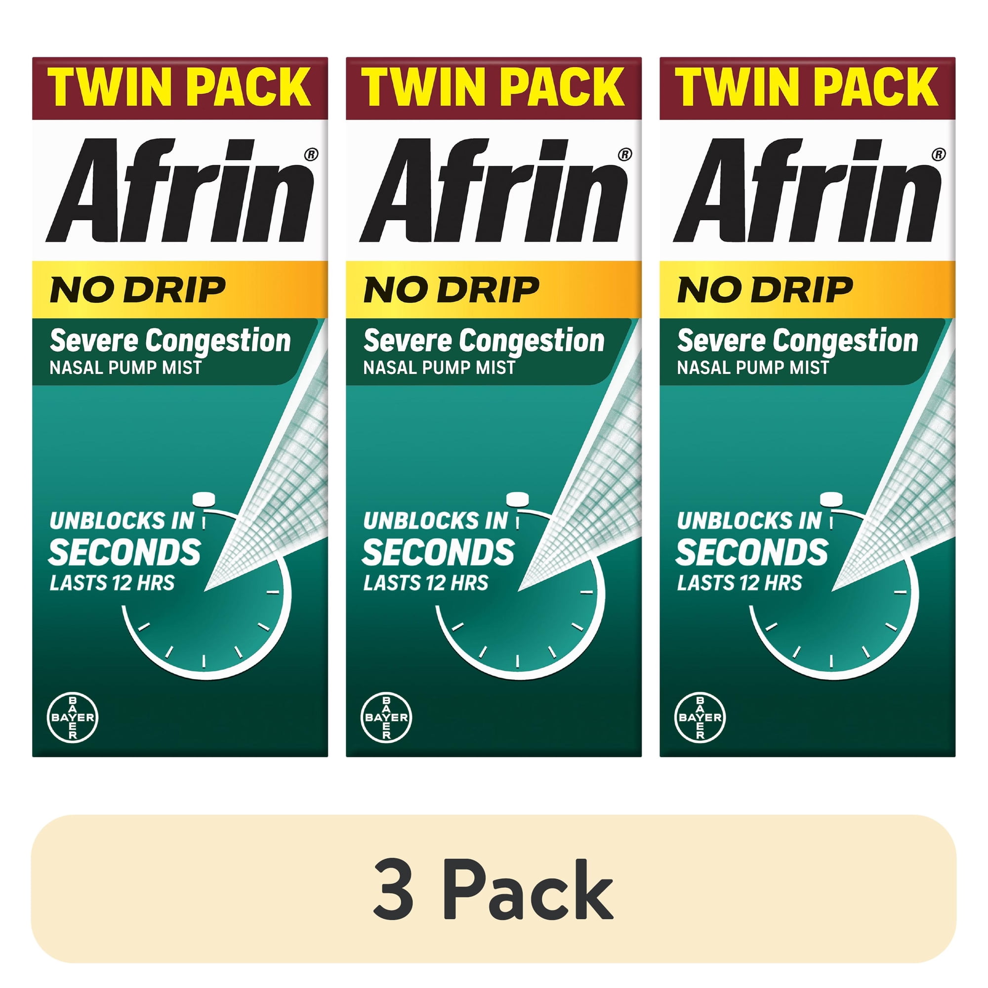 (3 pack) Afrin No Drip Severe Congestion Nasal Spray Twin Pack, Non-Drowsy, Fast-Acting Nasal Decongestant for Nasal Congestion and Sinus Pressure Relief, Adults and Children 6 and Older, .5 fl oz (Pack of 2)