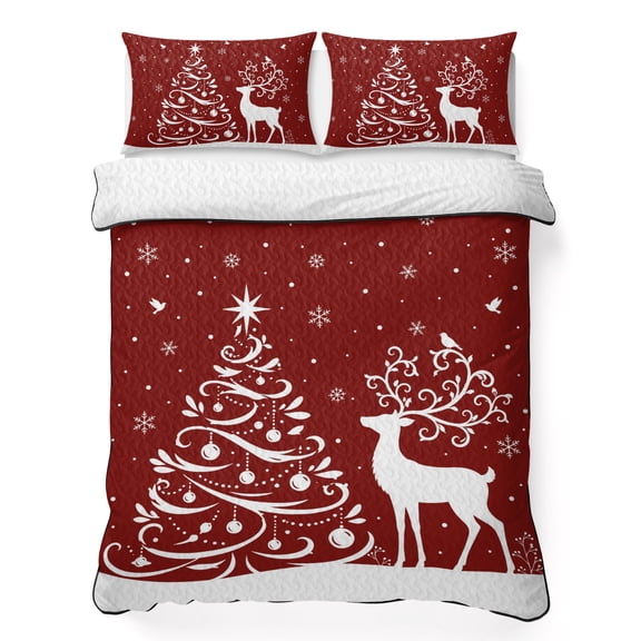 Quilts Queen Size Bedding Set, Red Christmas Lightweight Quilted Comforter, Xmas Tree Elk Snowflake Winter Soft Reversible Bedspread Coverlet with Pillow Covers for All Season, 90" x 96"