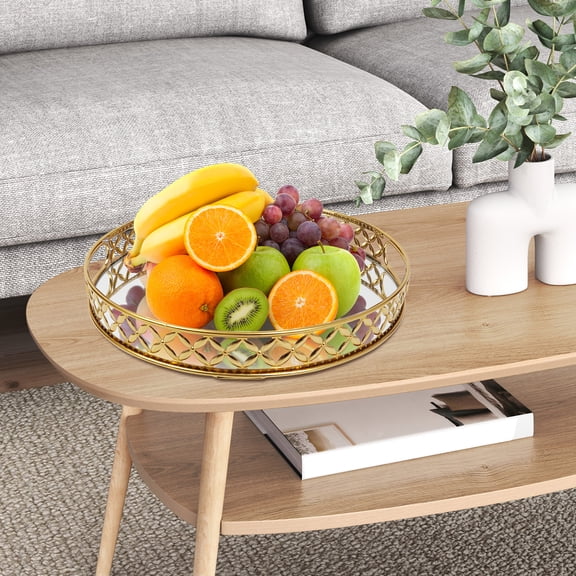 12.6inch Gold Tabletop Decorative Tray Mirror Tray Round Elegant Decoration Tray with Handles Grippy Base
