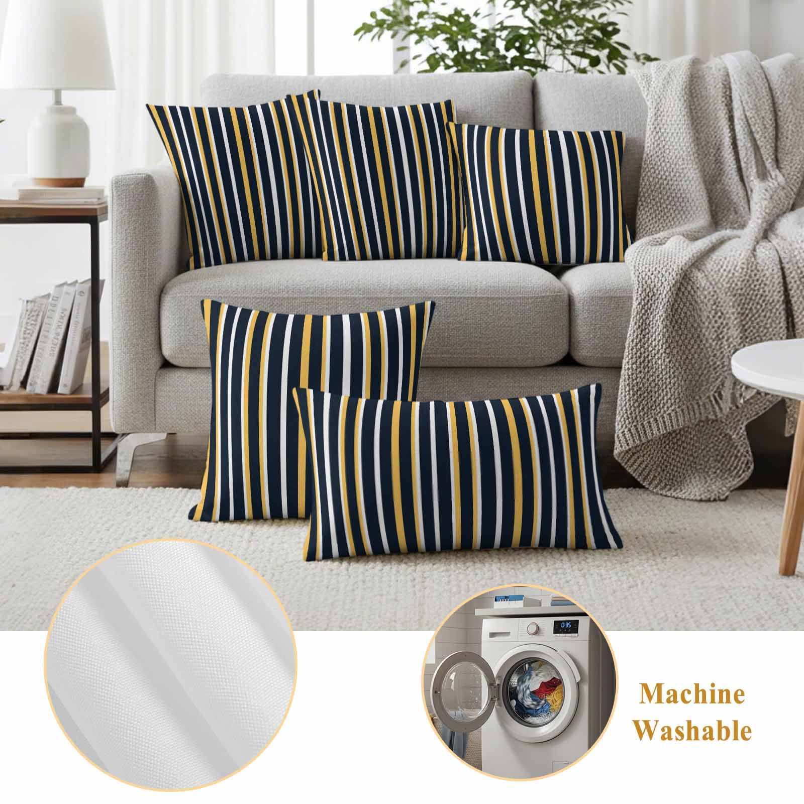 Orange Navy Blue Outdoor Waterproof Pillow Covers, Modern Abstract Vertical Striped Decorative Rectangle Throw Pillowcase Sofa Cushion Sham for Patio/Couch/Chair, 20"x12" 2 Pack