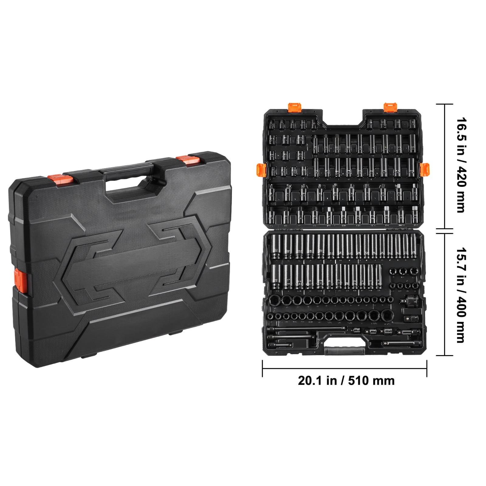 KFFKFF 130-Piece Impact Socket Set - 3/8" & 1/2" SAE & Metric Sizes - Durable Cr-Mo Steel for Vehicle Maintenance - Clear Size Markings - Comes with Convenient Storage Case