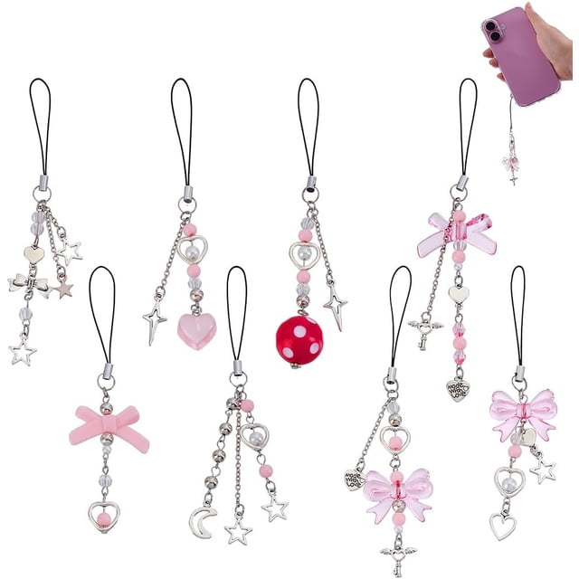 8 colgantes para teléfono con forma de estrella de metal plateado, correa para móvil, corazón acrílico rosa, decorativos, colgantes para llavero.
