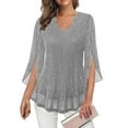 thumbnail image 5 of Nfurl Sparkly Mesh Tops for Women Elegant Ruffle Slit 3/4 Sleeve Party Blouses Dressy V Neck Shiny Glitter Tops Trendy Evening Party Club Clothes Silver XXXXL, 5 of 7
