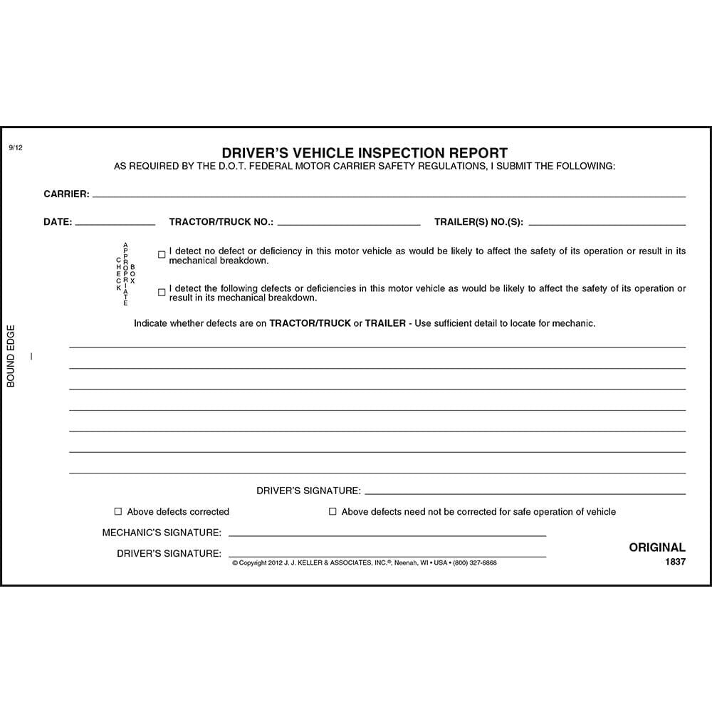 Simplified Driver's Vehicle Inspection Report 5-pk. - Book & Horizontal Format, 2-Ply Carbonless, 8.5" x 5.5", 31 Sets of Forms Per DVIR Book - Meet FMCSR Requirements - J. J. Keller & Associates