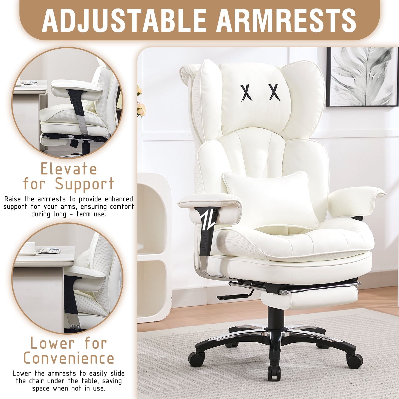ATMILD 400lbs Big & Tall  Comfortable Stylish PU Leather Home Office Desk Chair with Footrest & Lumbar Support (White)