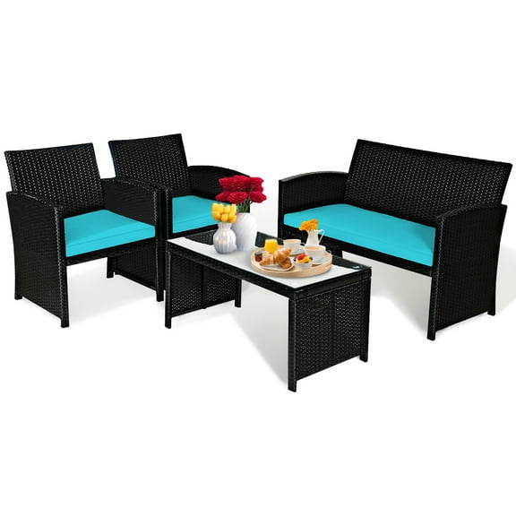 Patiojoy 4 Piece Polyfiber Sponge Aluminum Wicker Outdoor Patio Bar Set, Black/Turquoise