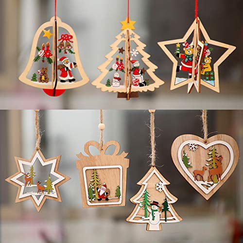 3D Wooden Christmas Tree hanging Decorations Father Snowman Reindeer Heart Stars 