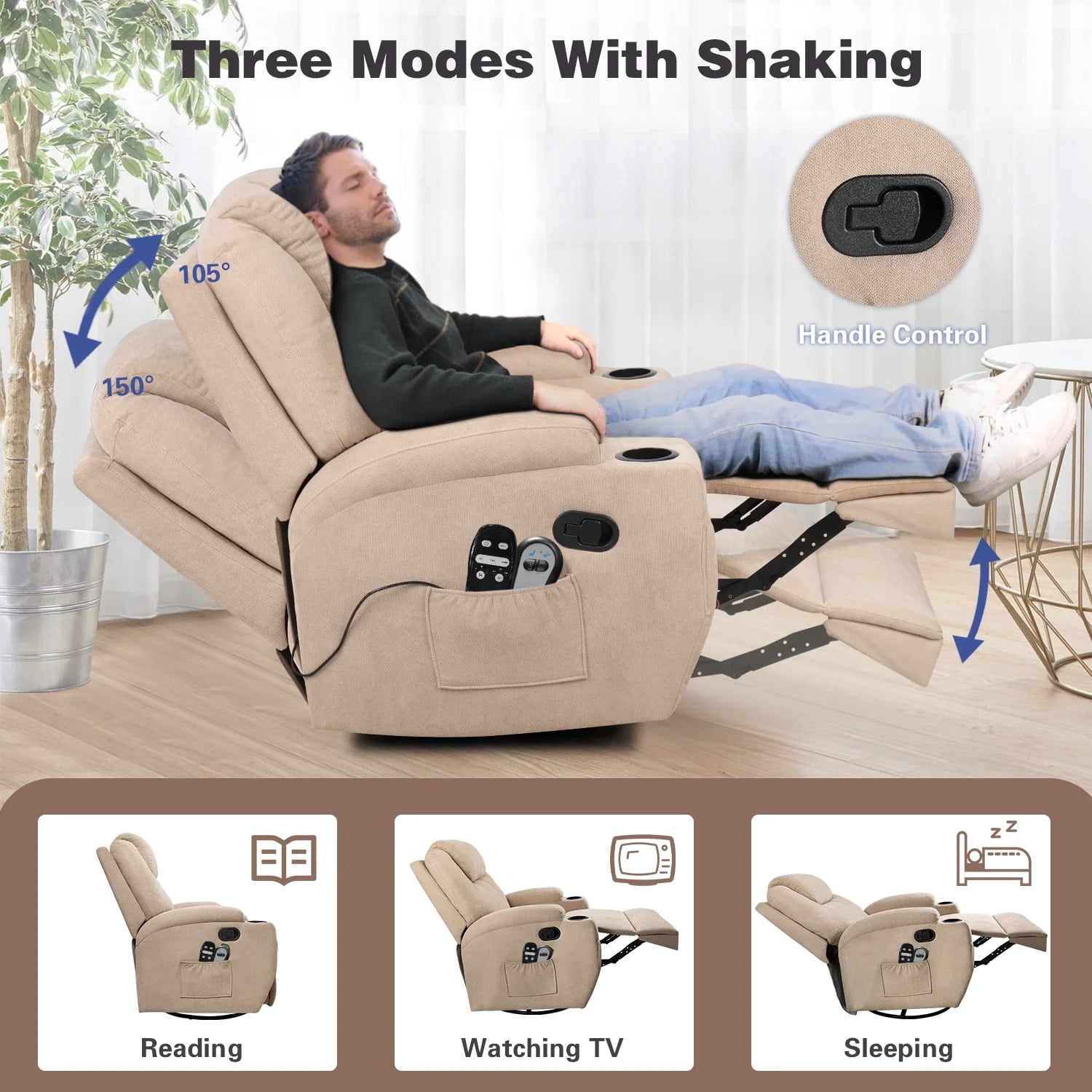 Homall Swivel Rocking Recliner Chair Massage Fabric 360 Swivel Rocker Recliner Living Room Chair Home Theater Seating,Fabric Beige