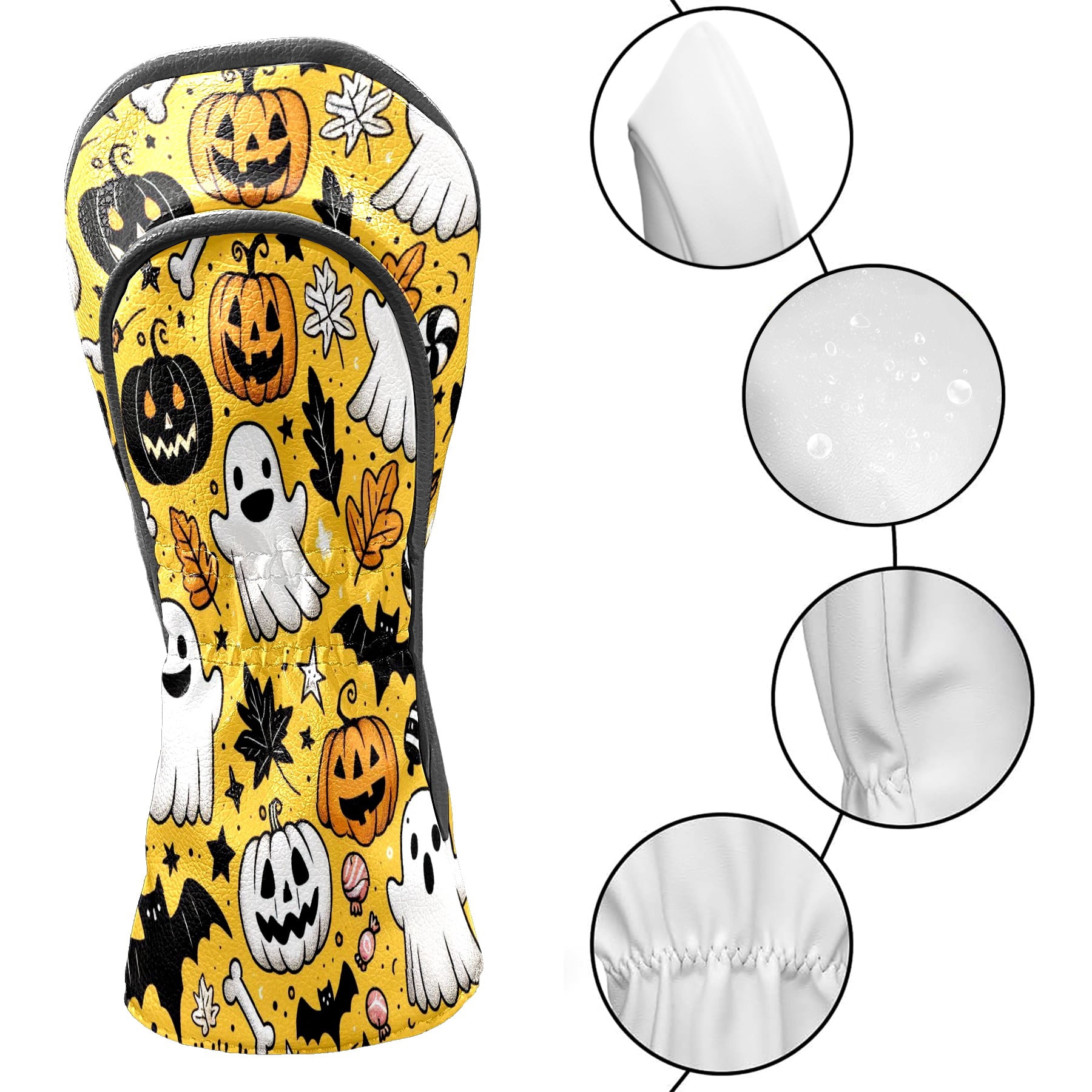 Golf Club Covers, Yellow Ghost Pumpkin Skull Premium PU Leather Driver Hybrid Putter Head Covers with Velvet Lining, Waterproof Golf Gifts for Men Women