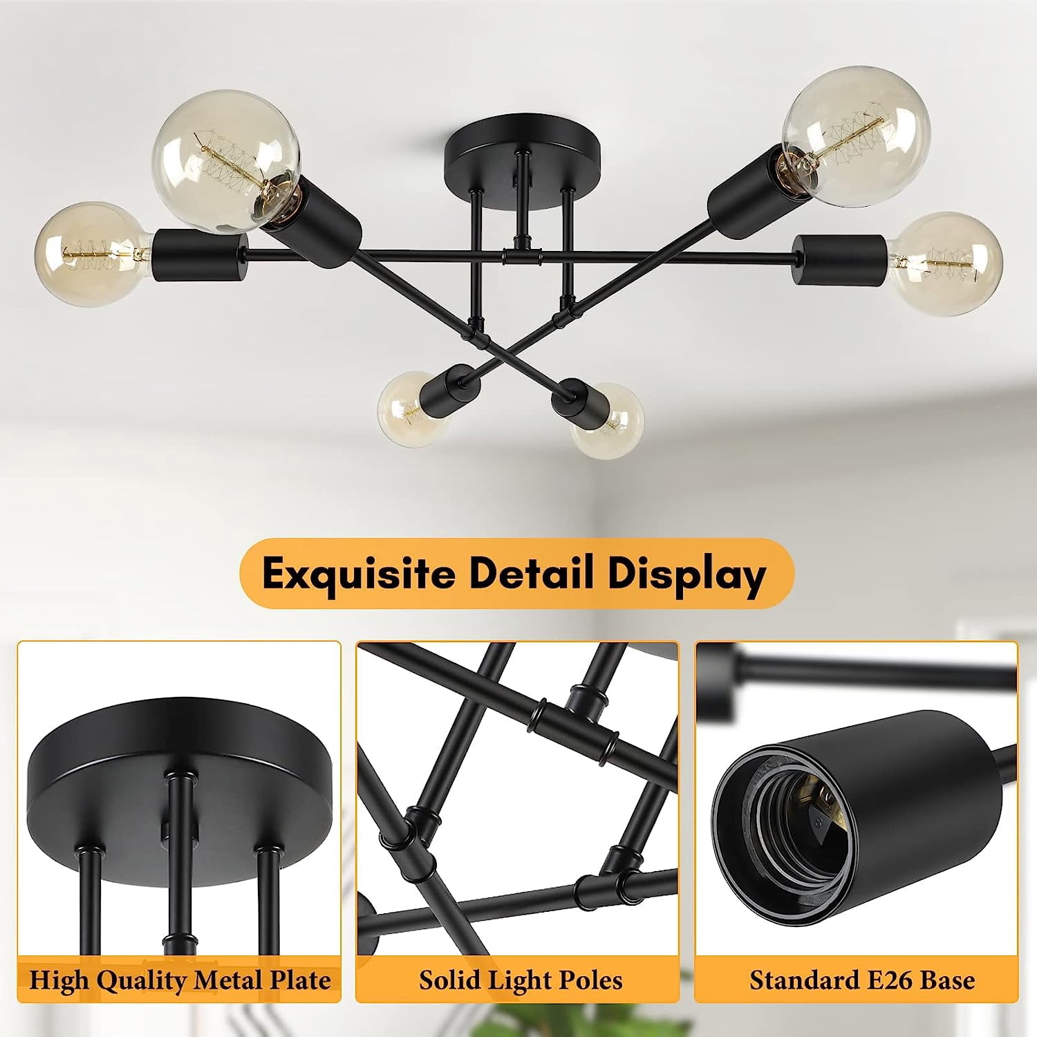 Neoglint Sputnik Chandelier, 6-Light Black Mid Century Flush Mount Ceiling Light Fixture with E26 Base for Dining Room Bedroom Foyer Hallway Living Room