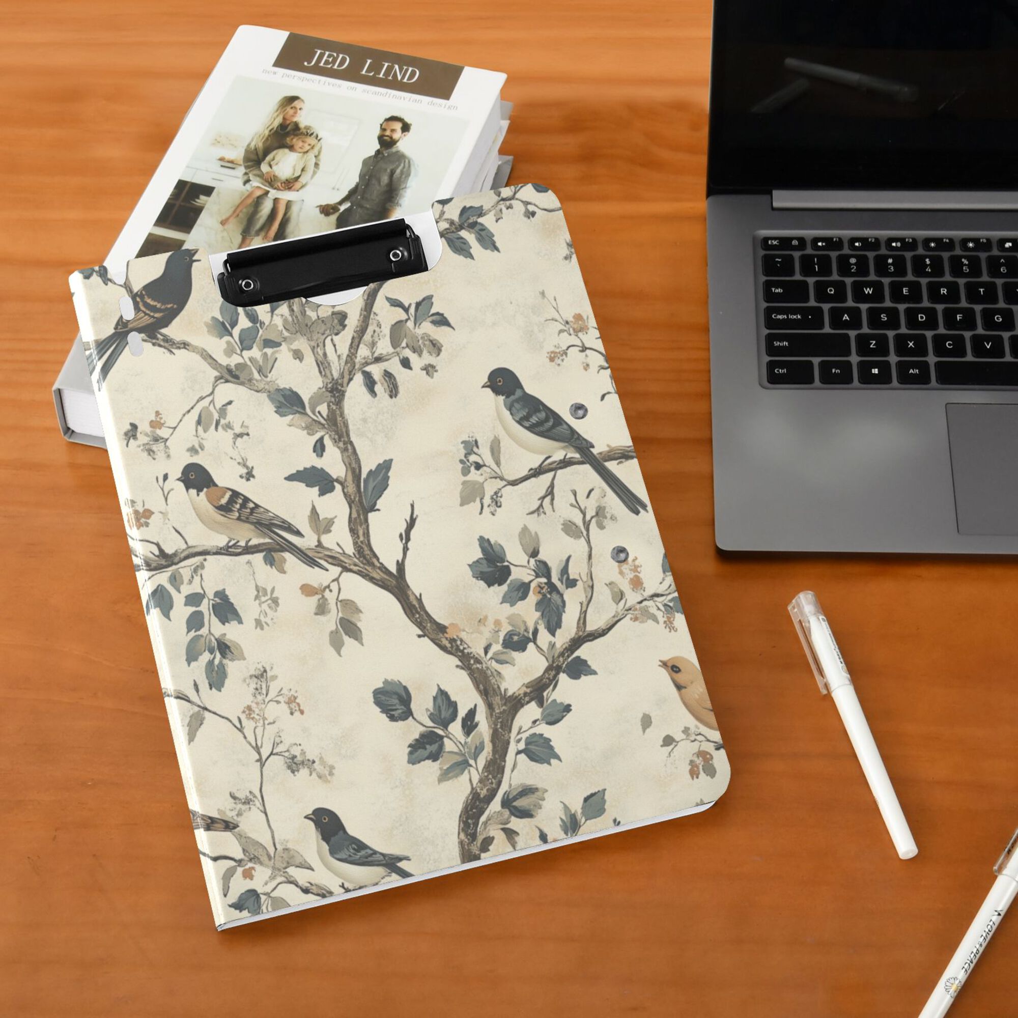 FORMRS A4 Clipboard Folder with Pen Holder Horizontal Foldable School Office Binder, Beige Birds