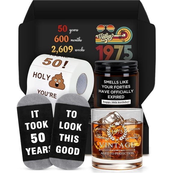 50th Birthday Gifts for Him Cool Gifts for 50 Year Old Man Happy 50th Birthday Decorations for Men Vintage 1975 Wine GlassToilet Paper Roll Novelty Socks Funny 50 Year Old Gift ideas for Mens