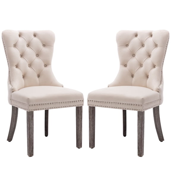 KCC Velvet Tufted Dining Chairs Set of 2, Back Pull Ring Design with Nailhead Trim, Solid Wood Leg Upholstered Side Chairs for Kitchen & Dining Room, Beige