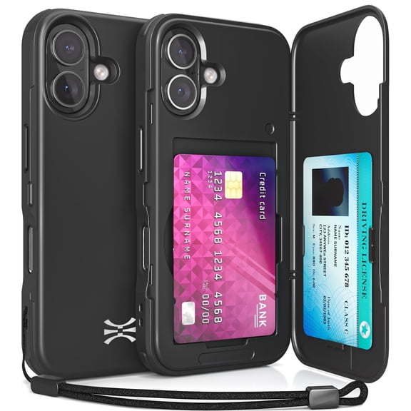 TORU CX SLIM for iPhone 17 Case | Slim Wallet Case with Hidden 2-Card Holder & Card Slot | Shockproof Heavy Duty Cover with Flip Kickstand | Mirror & Strap Included - Black