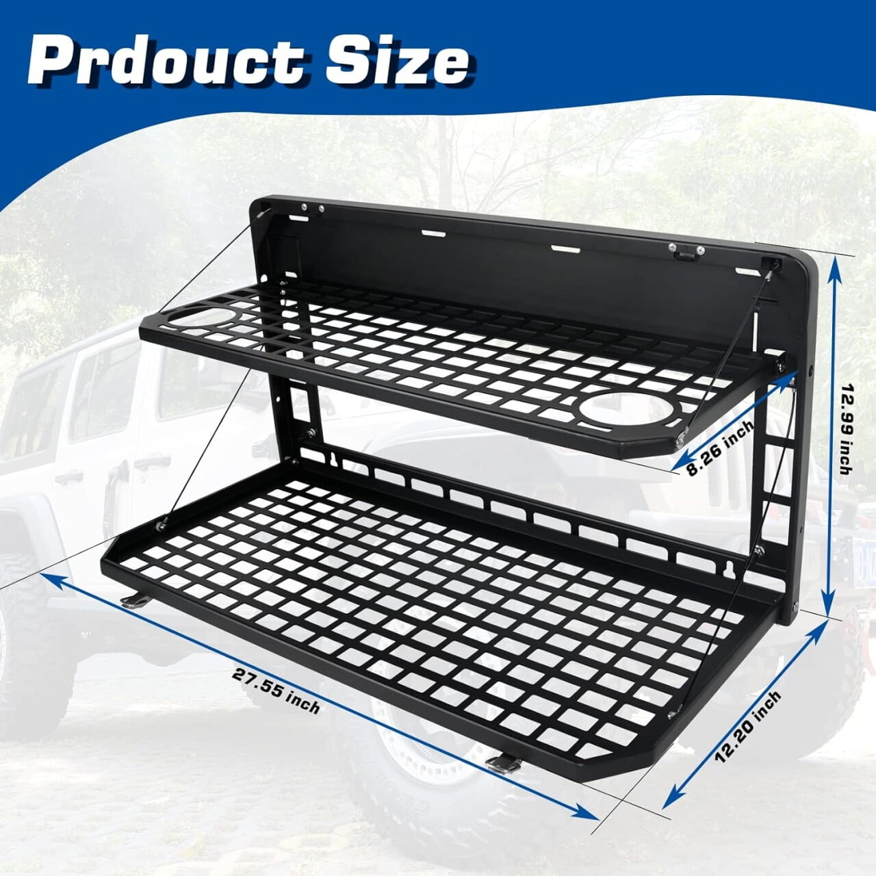 2-Tier Foldable Tailgate Table with Cargo Rack for Jeep Wrangler JK JL 4-Door Models 2007-2022, Rear Mount Camping Desk Storage Solution for Outdoor Adventures