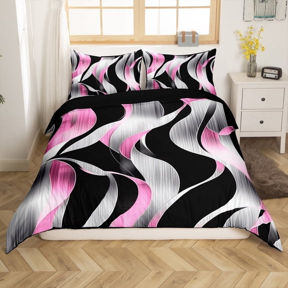 Erosebridal Geometric Lines Comforter Cover Twin,Spiral Swirl Bedding Twin Size,Black Pink Duvet Cover Twin,Ultra Soft Abstract Room Decorative(No Comforter),Reversible,3pcs
