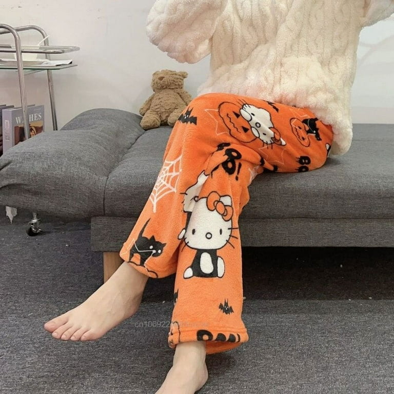 Hello Kitty Halloween Style Flannel Pajama Pants Women Sanrio American Gothic Y2k Girl Home Casual Trousers New Winter Warm Pant