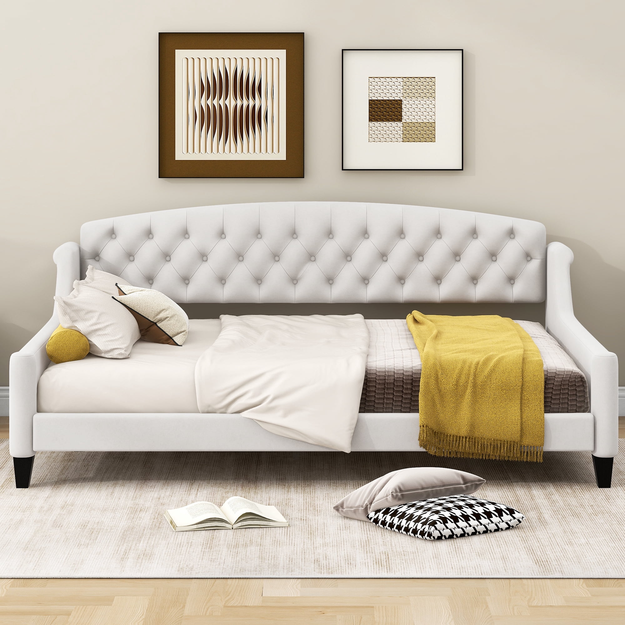 Euroco Upholstery Tufted Full size Tufted Button Daybed Beige
