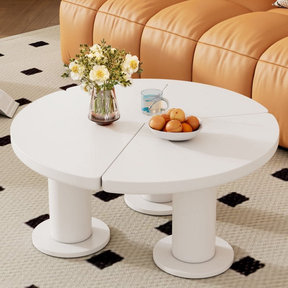 [Luckynote]Φ39.4'' Easy Assembly Round Petal-Shaped Coffee Table, Cream Style Center Table with 3 Thick Legs, Minimalist Irregular End Table with Sleek Round Edges for Living Room, White