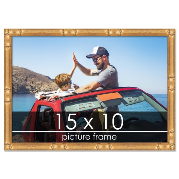15x10 Gold Thin Bamboo Picture Frame - UV Acrylic, Foam Board Backing, Hanging Hardware