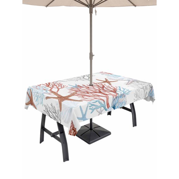 Outdoor Tablecloth with Umbrella Hole for Patio/Picnic/Party/Camping, Summer Orange Red Coral Waterproof Table Cloth Rectangle Table Cover Washable, Coastal Starfish Ocean Nautical (52"x 70")