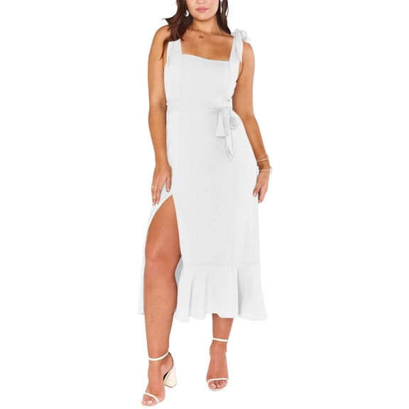 Dolkfu Front High Split Summer&Fall Dresses for Women Square Neckline Beige Sleeveless Long Fit & Flare Dresses Solid Regular Romance Dresses Beige,L
