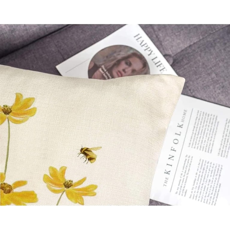 AACORS Daisy Bee Spring Farmhouse Pillow Cover 18x18 Inch - Yellow Summer Decorative Case For Couch Sofa