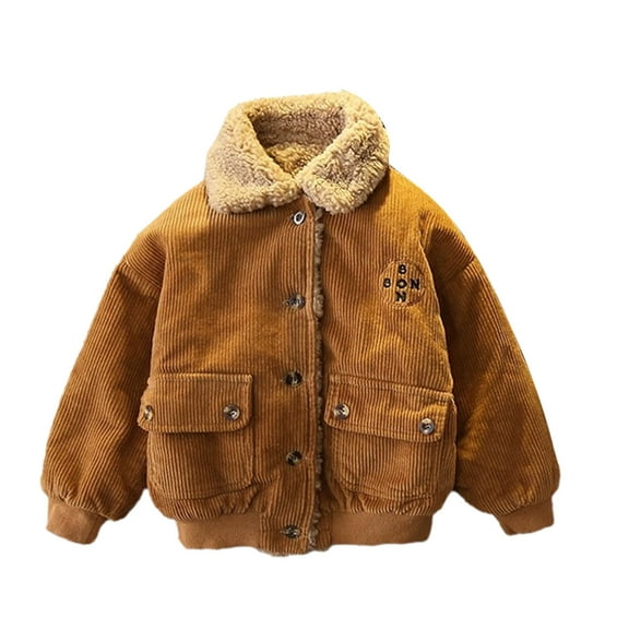 QQAMB Baby Boys Girls Corduroy Jacket Kids Toddler Sherpa Lined Top Lapel Button Down Thicked Warm Coat Winter Outerwear Khaki for 1-8 Years