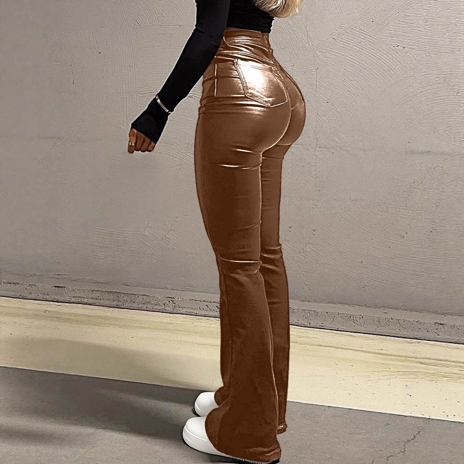 2026 Women Faux Leather Pants PU High Waist Straight Leg Pant with Pockets Fashion Flare Pants Trendy Streetwear