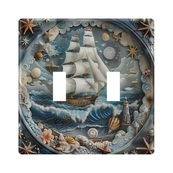 2 Gang Light Switch Cover Plate Ship on Sea and Shell Wall Plate Decorate Electrical Outlet Cover Plates 4.56”x4.48”